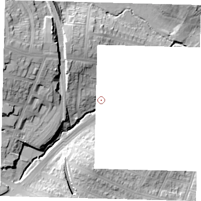 Shaded relief map of the ground around N111AU, computed from Environment Agency LiDAR. and falls 25 m across the surrounding 800 m. Surface water reaching this point runs off ground lying to the west-north-west, 4.6 m higher.
