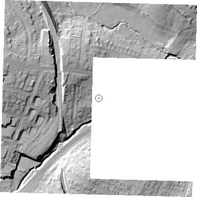 Shaded relief map of the ground around N111AX, computed from Environment Agency LiDAR. and falls 25 m across the surrounding 800 m. Surface water reaching this point runs off ground lying to the north-west, 8.9 m higher.