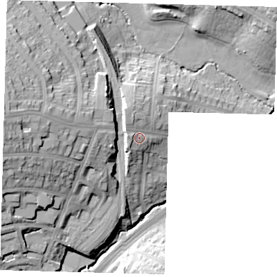 Shaded relief map of the ground around N111BA, computed from Environment Agency LiDAR. The ground here sits at about 41 m above sea level and falls 29 m across the surrounding 800 m. Surface water reaching this point runs off ground lying to the west-north-west, 3.3 m higher.