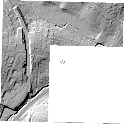 Shaded relief map of the ground around N111BD, computed from Environment Agency LiDAR. and falls 24 m across the surrounding 800 m.
