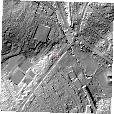 Shaded relief map of the ground around N111BT, computed from Environment Agency LiDAR. The ground here sits at about 35 m above sea level and falls 33 m across the surrounding 800 m. Surface water reaching this point runs off ground lying to the south-south-west, 22.4 m higher.