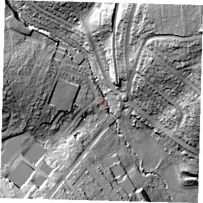 Shaded relief map of the ground around N111DA, computed from Environment Agency LiDAR. The ground here sits at about 34 m above sea level and falls 39 m across the surrounding 800 m. Surface water reaching this point runs off ground lying to the north-east, 36.4 m higher.