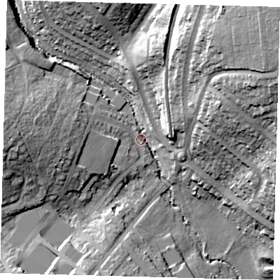 Shaded relief map of the ground around N111DB, computed from Environment Agency LiDAR. The ground here sits at about 34 m above sea level and falls 39 m across the surrounding 800 m. Surface water reaching this point runs off ground lying to the north-north-east, 19.2 m higher.