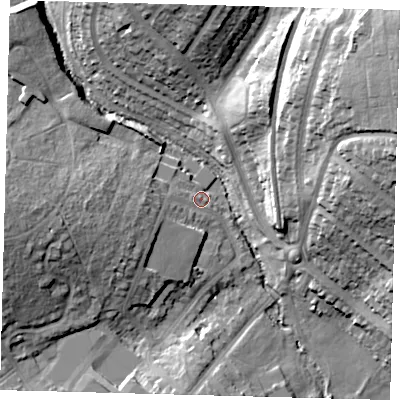 Shaded relief map of the ground around N111DD, computed from Environment Agency LiDAR. The ground here sits at about 35 m above sea level and falls 36 m across the surrounding 800 m. Surface water reaching this point runs off ground lying to the west-south-west, 12.3 m higher.