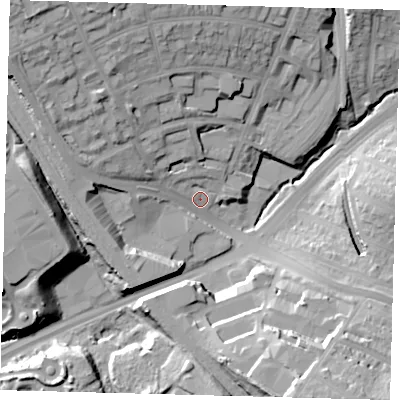 Shaded relief map of the ground around N111FH, computed from Environment Agency LiDAR. The ground here sits at about 37 m above sea level and falls 30 m across the surrounding 800 m. Surface water reaching this point runs off ground lying to the north-west, 8.0 m higher.