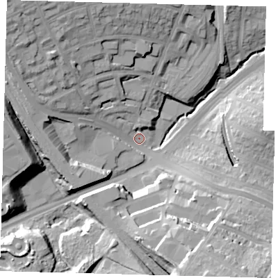 Shaded relief map of the ground around N111FJ, computed from Environment Agency LiDAR. The ground here sits at about 35 m above sea level and falls 31 m across the surrounding 800 m. Surface water reaching this point runs off ground lying to the south-south-east, 24.2 m higher.