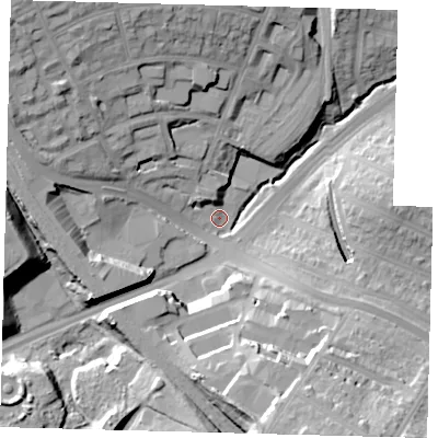 Shaded relief map of the ground around N111QD, computed from Environment Agency LiDAR. The ground here sits at about 34 m above sea level and falls 31 m across the surrounding 800 m. Surface water reaching this point runs off ground lying to the south-south-east, 25.3 m higher.