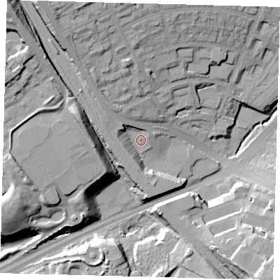 Shaded relief map of the ground around N111QJ, computed from Environment Agency LiDAR. The ground here sits at about 41 m above sea level and falls 32 m across the surrounding 800 m. Surface water reaching this point runs off ground lying to the west, 7.0 m higher.