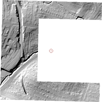 Shaded relief map of the ground around N112RE, computed from Environment Agency LiDAR. and falls 23 m across the surrounding 800 m.