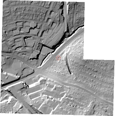 Shaded relief map of the ground around N112RT, computed from Environment Agency LiDAR. The ground here sits at about 34 m above sea level and falls 29 m across the surrounding 800 m. Surface water reaching this point runs off ground lying to the south, 25.5 m higher.