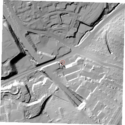 Shaded relief map of the ground around N112UU, computed from Environment Agency LiDAR. The ground here sits at about 36 m above sea level and falls 38 m across the surrounding 800 m. Surface water reaching this point runs off ground lying to the south-south-east, 29.7 m higher.