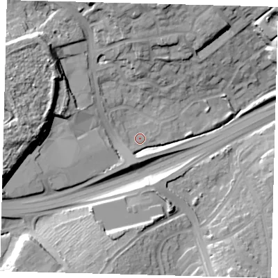 Shaded relief map of the ground around N113NN, computed from Environment Agency LiDAR. The ground here sits at about 43 m above sea level and falls 25 m across the surrounding 800 m. Surface water reaching this point runs off ground lying to the south-west, 3.7 m higher.