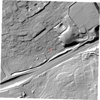 Shaded relief map of the ground around N113NR, computed from Environment Agency LiDAR. The ground here sits at about 41 m above sea level and falls 29 m across the surrounding 800 m. Surface water reaching this point runs off ground lying to the west-north-west, 8.9 m higher.