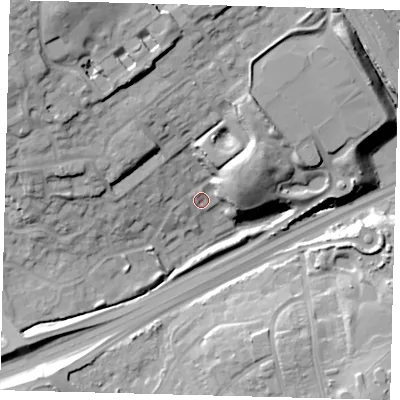 Shaded relief map of the ground around N113NS, computed from Environment Agency LiDAR. The ground here sits at about 43 m above sea level and falls 31 m across the surrounding 800 m. Surface water reaching this point runs off ground lying to the north-west, 24.7 m higher.