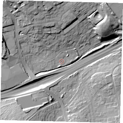 Shaded relief map of the ground around N113NW, computed from Environment Agency LiDAR. The ground here sits at about 42 m above sea level and falls 26 m across the surrounding 800 m. Surface water reaching this point runs off ground lying to the north-north-west, 13.2 m higher.