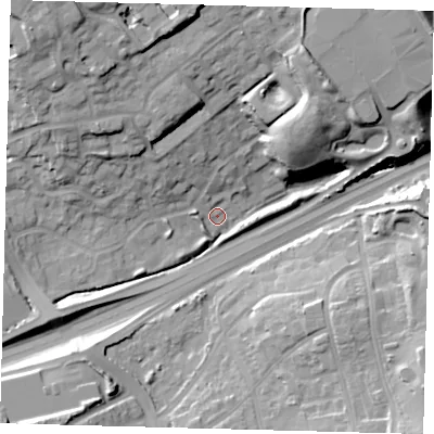 Shaded relief map of the ground around N113PA, computed from Environment Agency LiDAR. The ground here sits at about 40 m above sea level and falls 28 m across the surrounding 800 m. Surface water reaching this point runs off ground lying to the north-west, 26.5 m higher.