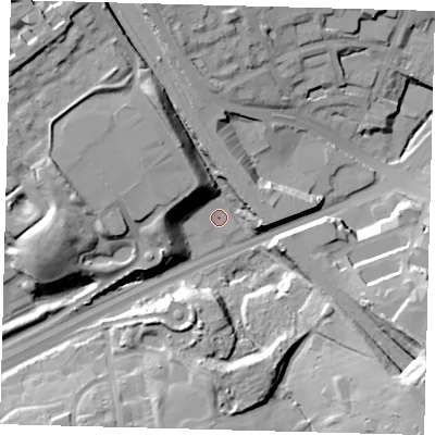 Shaded relief map of the ground around N113UT, computed from Environment Agency LiDAR. The ground here sits at about 38 m above sea level and falls 29 m across the surrounding 800 m. Surface water reaching this point runs off ground lying to the north-west, 12.9 m higher.