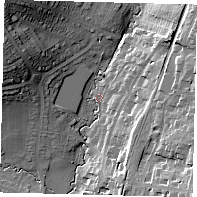 Shaded relief map of the ground around N127DE, computed from Environment Agency LiDAR. The ground here sits at about 63 m above sea level and falls 32 m across the surrounding 800 m. Surface water reaching this point runs off ground lying to the north-west, 30.3 m higher.