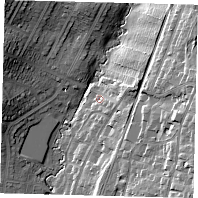 Shaded relief map of the ground around N127DT, computed from Environment Agency LiDAR. The ground here sits at about 66 m above sea level and falls 31 m across the surrounding 800 m. Surface water reaching this point runs off ground lying to the east-south-east, 6.4 m higher.