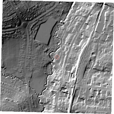 Shaded relief map of the ground around N127DZ, computed from Environment Agency LiDAR. The ground here sits at about 62 m above sea level and falls 31 m across the surrounding 800 m. Surface water reaching this point runs off ground lying to the north-west, 26.1 m higher.