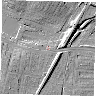 Shaded relief map of the ground around N134DY, computed from Environment Agency LiDAR. The ground here sits at about 31 m above sea level and falls 19 m across the surrounding 800 m. Surface water reaching this point runs off ground lying to the south-west, 8.4 m higher.