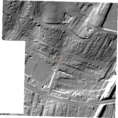 Shaded relief map of the ground around N134HN, computed from Environment Agency LiDAR. The ground here sits at about 30 m above sea level and falls 21 m across the surrounding 800 m. Surface water reaching this point runs off ground lying to the north-north-west, 16.7 m higher.