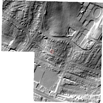 Shaded relief map of the ground around N134HP, computed from Environment Agency LiDAR. The ground here sits at about 35 m above sea level and falls 28 m across the surrounding 800 m. Surface water reaching this point runs off ground lying to the north, 5.9 m higher.