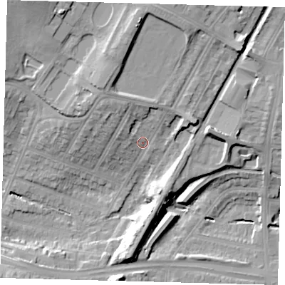 Shaded relief map of the ground around N134JP, computed from Environment Agency LiDAR. The ground here sits at about 34 m above sea level and falls 23 m across the surrounding 800 m. Surface water reaching this point runs off ground lying to the north-north-west, 8.1 m higher.