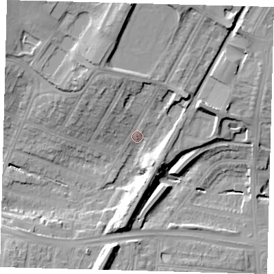 Shaded relief map of the ground around N134JR, computed from Environment Agency LiDAR. The ground here sits at about 31 m above sea level and falls 23 m across the surrounding 800 m. Surface water reaching this point runs off ground lying to the north, 16.6 m higher.