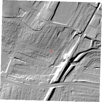 Shaded relief map of the ground around N134JS, computed from Environment Agency LiDAR. The ground here sits at about 28 m above sea level and falls 21 m across the surrounding 800 m. Surface water reaching this point runs off ground lying to the north, 18.6 m higher.