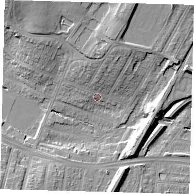 Shaded relief map of the ground around N134JT, computed from Environment Agency LiDAR. The ground here sits at about 29 m above sea level and falls 23 m across the surrounding 800 m. Surface water reaching this point runs off ground lying to the north-north-east, 18.6 m higher.