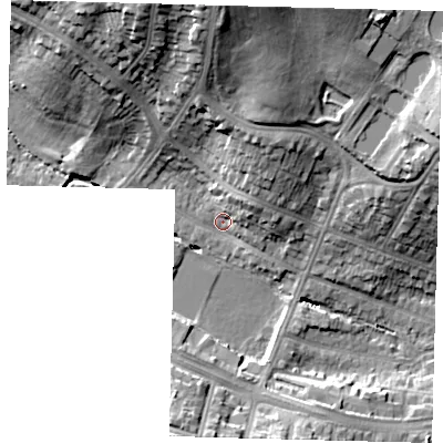 Shaded relief map of the ground around N134JY, computed from Environment Agency LiDAR. The ground here sits at about 28 m above sea level and falls 24 m across the surrounding 800 m. Surface water reaching this point runs off ground lying to the north, 15.2 m higher.
