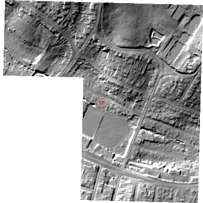 Shaded relief map of the ground around N134LA, computed from Environment Agency LiDAR. The ground here sits at about 28 m above sea level and falls 23 m across the surrounding 800 m. Surface water reaching this point runs off ground lying to the north, 20.6 m higher.