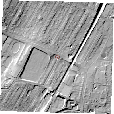 Shaded relief map of the ground around N134NB, computed from Environment Agency LiDAR. The ground here sits at about 40 m above sea level and falls 28 m across the surrounding 800 m. Surface water reaching this point runs off ground lying to the north, 10.6 m higher.