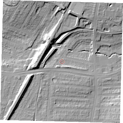 Shaded relief map of the ground around N134NG, computed from Environment Agency LiDAR. The ground here sits at about 27 m above sea level and falls 18 m across the surrounding 800 m. Surface water reaching this point runs off ground lying to the south-south-west, 3.3 m higher.