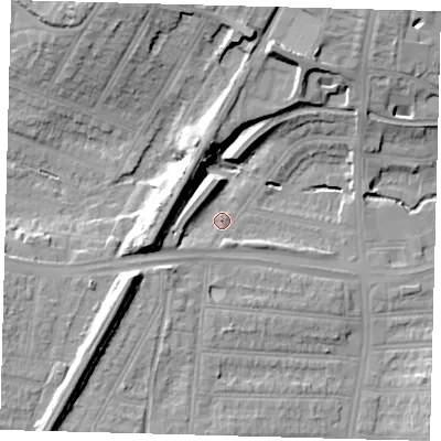 Shaded relief map of the ground around N134NH, computed from Environment Agency LiDAR. The ground here sits at about 28 m above sea level and falls 18 m across the surrounding 800 m. Surface water reaching this point runs off ground lying to the west-south-west, 4.2 m higher.