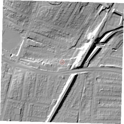 Shaded relief map of the ground around N134NN, computed from Environment Agency LiDAR. The ground here sits at about 29 m above sea level and falls 19 m across the surrounding 800 m. Surface water reaching this point runs off ground lying to the south-west, 11.9 m higher.