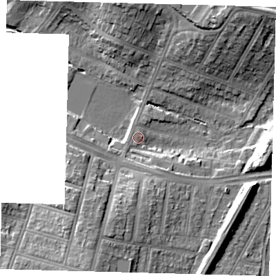 Shaded relief map of the ground around N134NS, computed from Environment Agency LiDAR. The ground here sits at about 29 m above sea level and falls 16 m across the surrounding 800 m. Surface water reaching this point runs off ground lying to the south-west, 1.6 m higher.