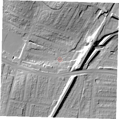 Shaded relief map of the ground around N134NT, computed from Environment Agency LiDAR. The ground here sits at about 27 m above sea level and falls 18 m across the surrounding 800 m. Surface water reaching this point runs off ground lying to the south-west, 12.6 m higher.