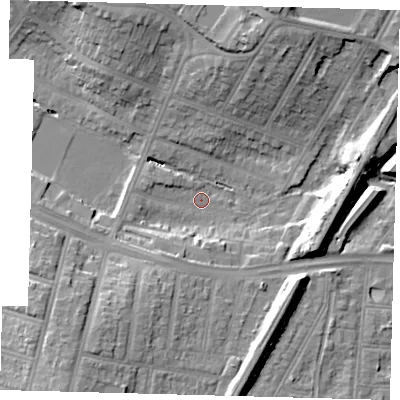 Shaded relief map of the ground around N134NU, computed from Environment Agency LiDAR. The ground here sits at about 27 m above sea level and falls 18 m across the surrounding 800 m. Surface water reaching this point runs off ground lying to the north-north-east, 16.7 m higher.