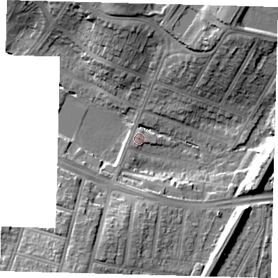 Shaded relief map of the ground around N134NX, computed from Environment Agency LiDAR. The ground here sits at about 29 m above sea level and falls 17 m across the surrounding 800 m. Surface water reaching this point runs off ground lying to the south, 0.9 m higher.