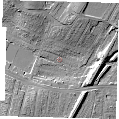 Shaded relief map of the ground around N134NY, computed from Environment Agency LiDAR. The ground here sits at about 28 m above sea level and falls 19 m across the surrounding 800 m. Surface water reaching this point runs off ground lying to the north-north-east, 17.2 m higher.