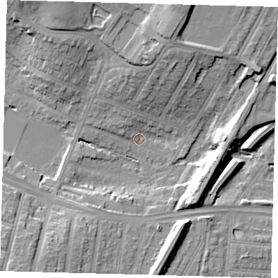 Shaded relief map of the ground around N134PA, computed from Environment Agency LiDAR. The ground here sits at about 27 m above sea level and falls 20 m across the surrounding 800 m. Surface water reaching this point runs off ground lying to the north-north-east, 17.9 m higher.