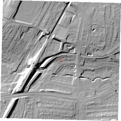 Shaded relief map of the ground around N134UA, computed from Environment Agency LiDAR. The ground here sits at about 28 m above sea level and falls 21 m across the surrounding 800 m. Surface water reaching this point runs off ground lying to the north, 11.1 m higher.