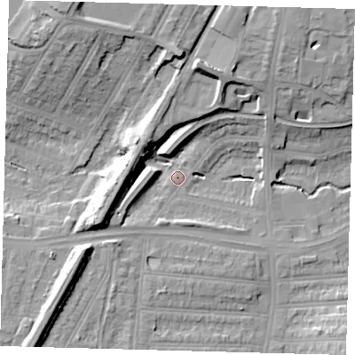 Shaded relief map of the ground around N134UB, computed from Environment Agency LiDAR. The ground here sits at about 27 m above sea level and falls 20 m across the surrounding 800 m. Surface water reaching this point runs off ground lying to the north, 16.2 m higher.