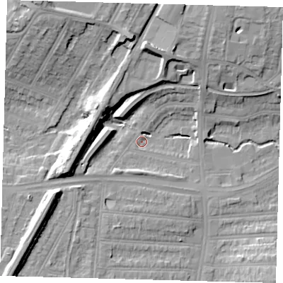 Shaded relief map of the ground around N134UD, computed from Environment Agency LiDAR. The ground here sits at about 26 m above sea level and falls 20 m across the surrounding 800 m. Surface water reaching this point runs off ground lying to the north, 17.5 m higher.
