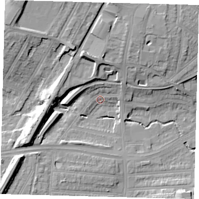 Shaded relief map of the ground around N134UE, computed from Environment Agency LiDAR. The ground here sits at about 27 m above sea level and falls 22 m across the surrounding 800 m. Surface water reaching this point runs off ground lying to the north-north-west, 17.5 m higher.