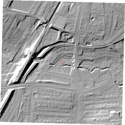 Shaded relief map of the ground around N134UF, computed from Environment Agency LiDAR. The ground here sits at about 25 m above sea level and falls 21 m across the surrounding 800 m. Surface water reaching this point runs off ground lying to the west-south-west, 14.0 m higher.