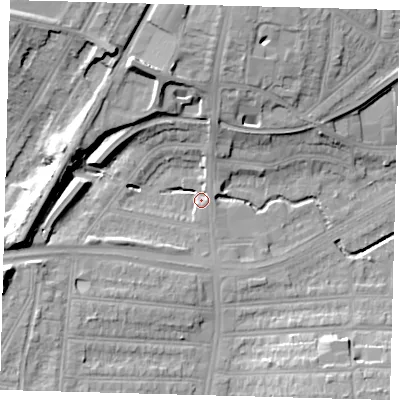 Shaded relief map of the ground around N134UH, computed from Environment Agency LiDAR. The ground here sits at about 26 m above sea level and falls 20 m across the surrounding 800 m. Surface water reaching this point runs off ground lying to the north-north-west, 17.5 m higher.