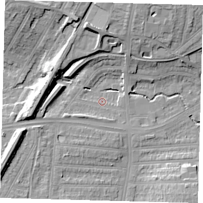 Shaded relief map of the ground around N134UL, computed from Environment Agency LiDAR. The ground here sits at about 26 m above sea level and falls 19 m across the surrounding 800 m. Surface water reaching this point runs off ground lying to the west-south-west, 13.9 m higher.